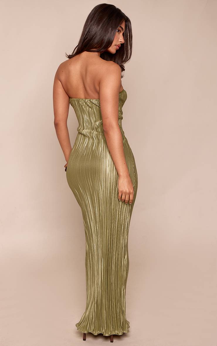 Vert Olive Robe Maxi Colonne Plissée À Bandeau Petite