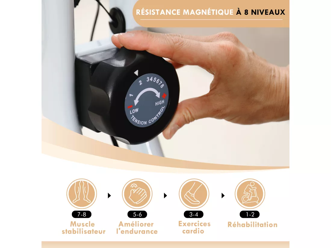 Vélo d'appartement pliant, vélo fitness silencieux vélo d'intérieur avec résistance magnétique à 8 niveaux, capteur de fréquence cardiaque, siège réglable, écran LCD et roulettes, blanc