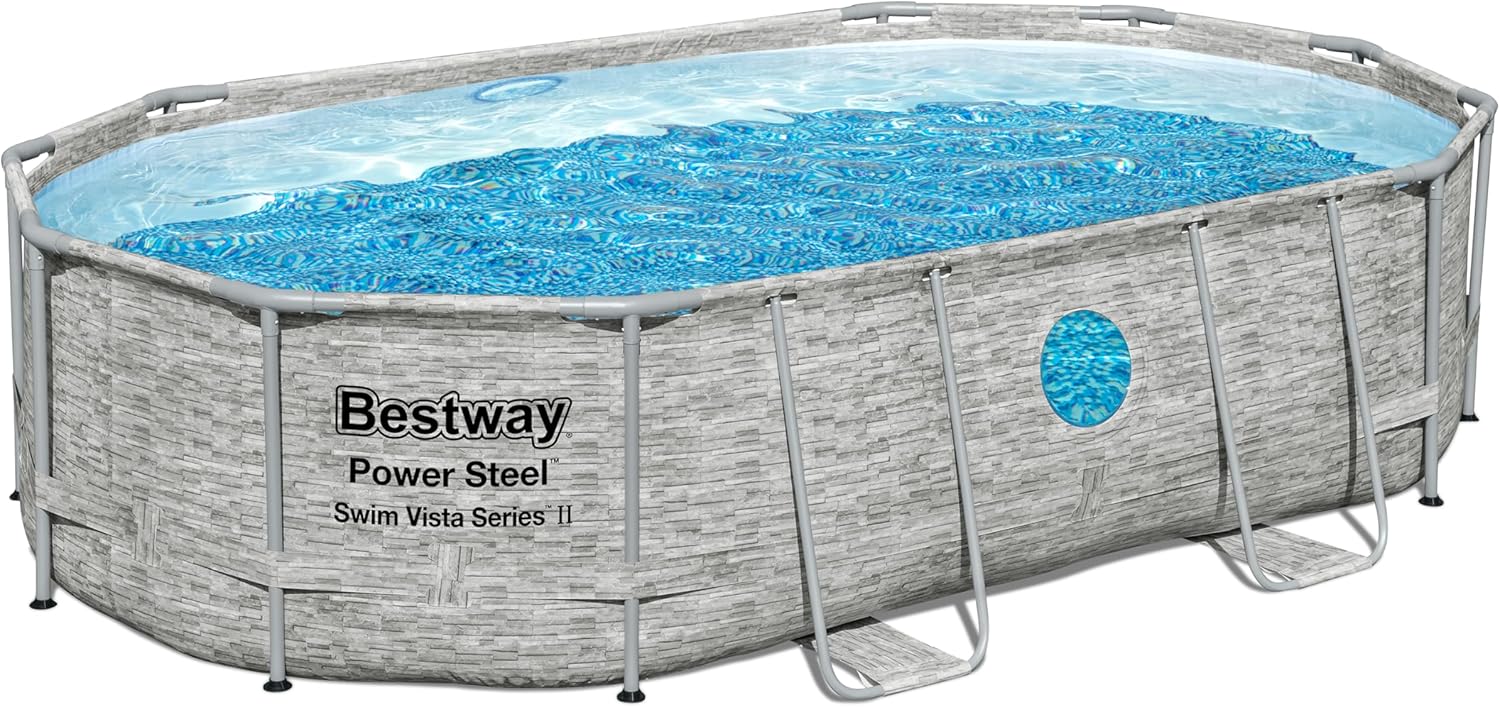 Bestway® Power Steel Swim Vista Series Ersatz Frame Pool ohne Zubehör 488 x 305 x 107 cm, Steinwand-Optik (Cremegrau), oval
