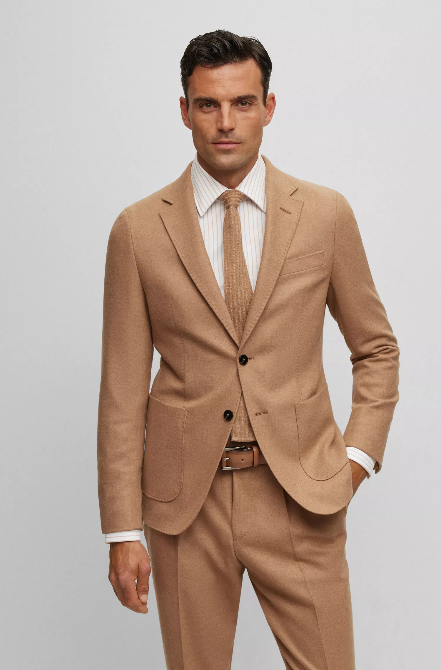 Camisa BOSS Camel Slim-fit em sarja de algodão listrada