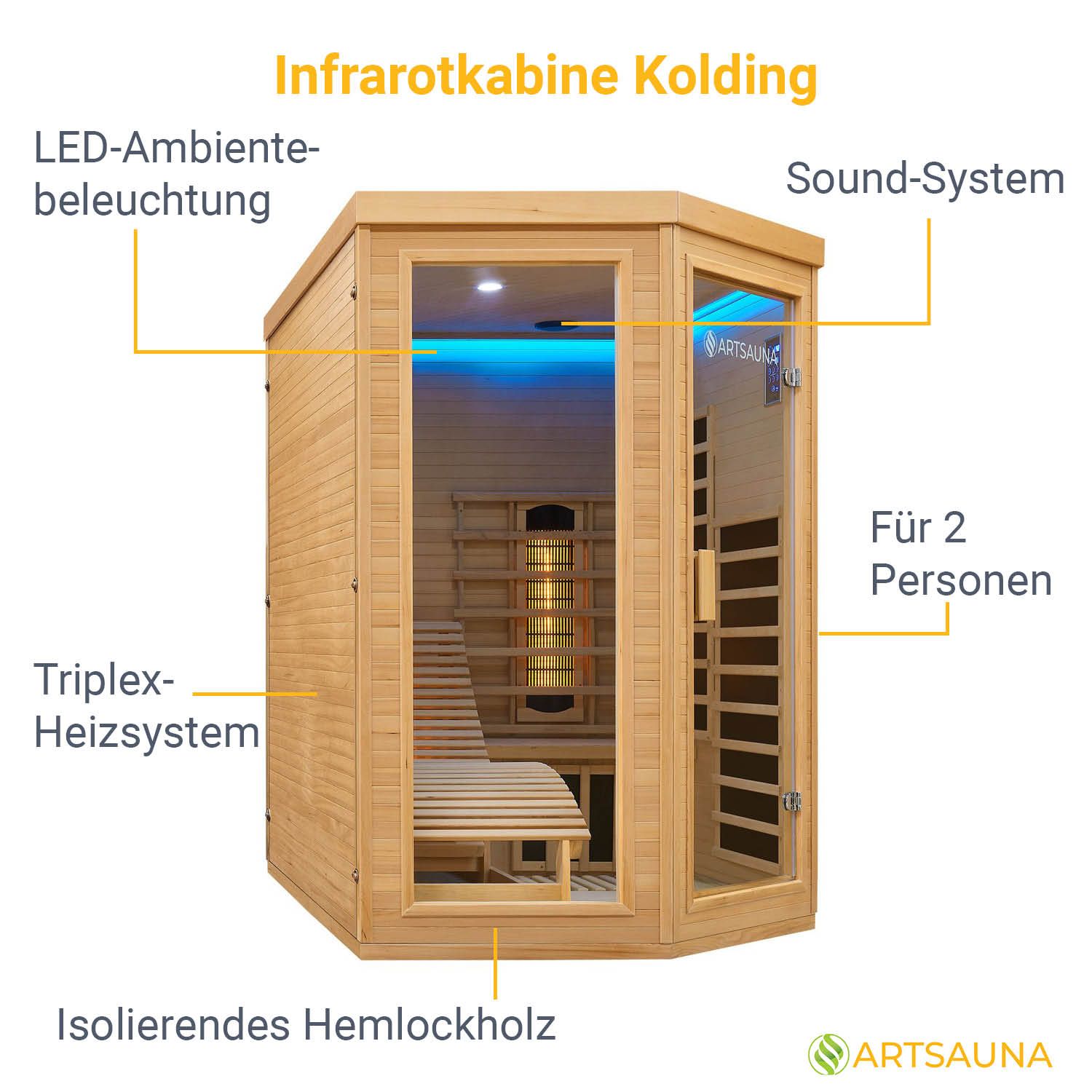 Artsauna Infrarotkabine Wärmekabine Kolding mit Triplex-Heizsystem & Hemlockholz