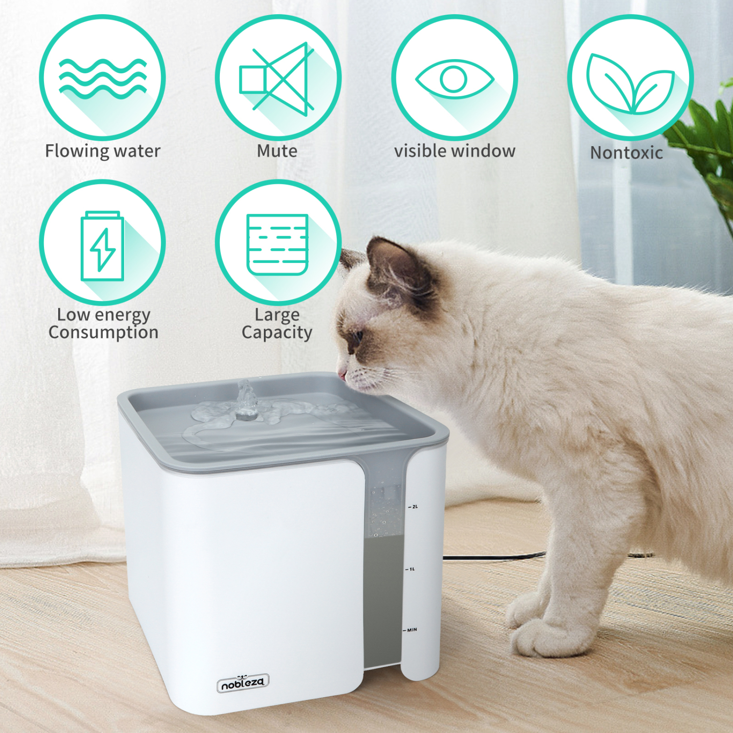 Nobleza - Fonte Silenciosa para Gatos, Dispensador de Água Automático para Cães com 3 Filtros de Carvão Ativado, 2,0 L