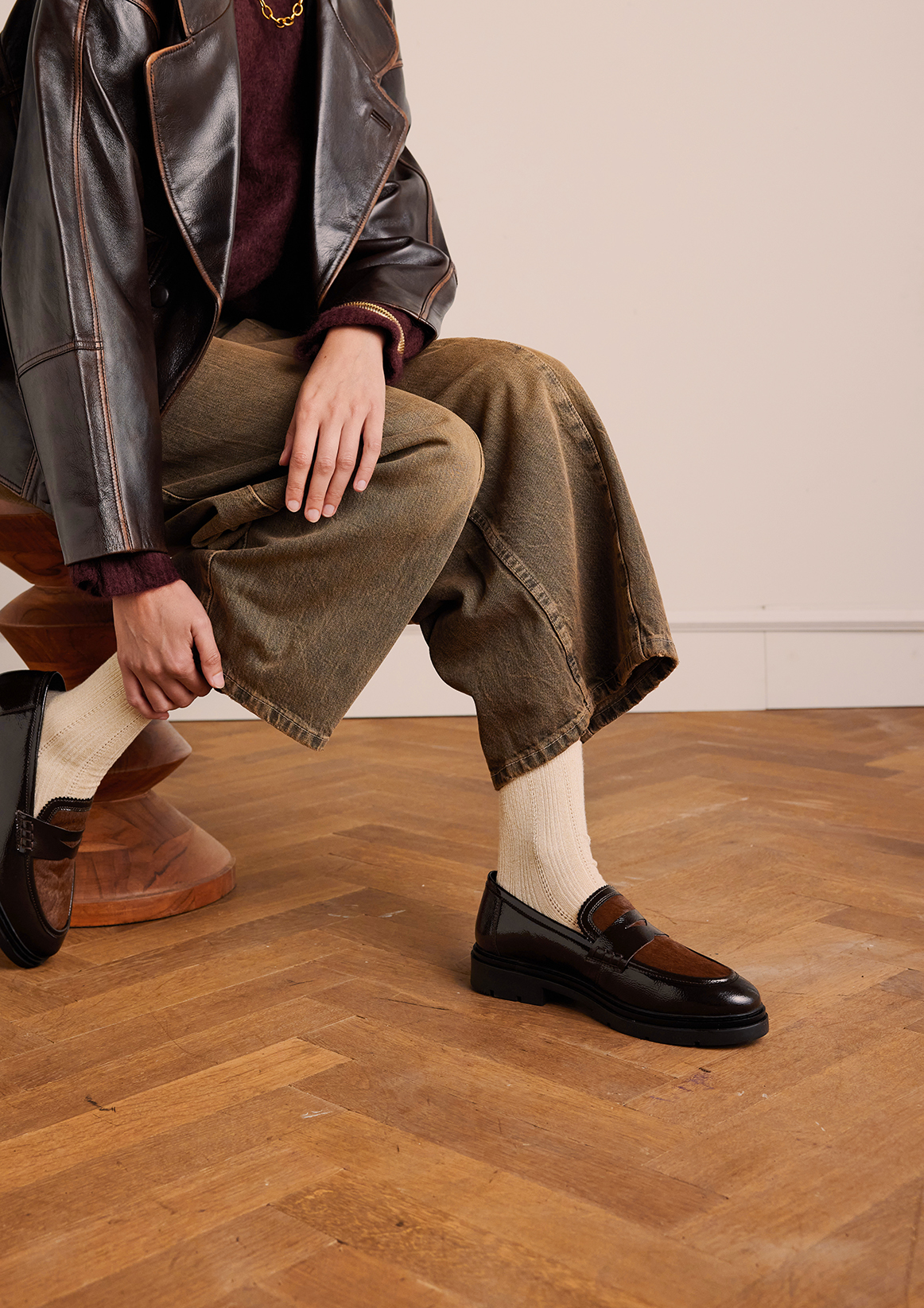 Bruine lakleren loafers met pony hair