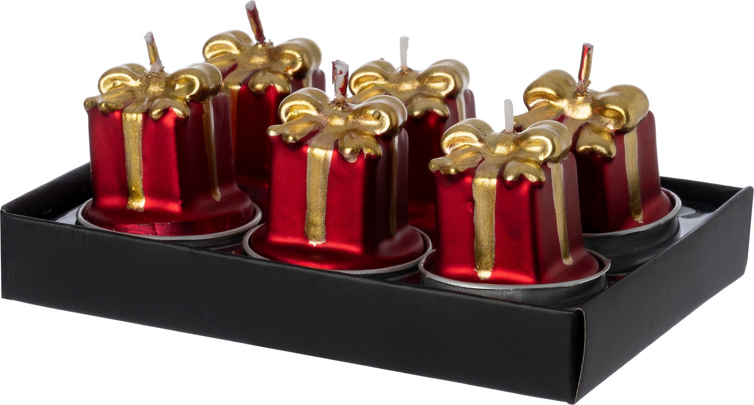 Intratuin waxinelicht Cadeau rood / goud 2 uur D 3,7 H 4 cm 6 stuks