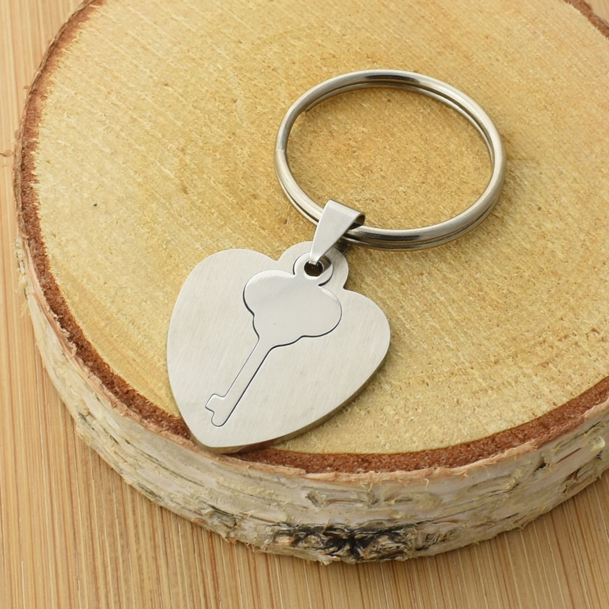 Porte-clés coeur clé plaque amovible acier inoxydable