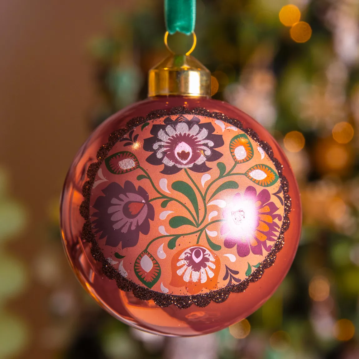 Lot de 3 boules de Noël en verre (D80 mm) Bolchoï Fleuri Vieux rose