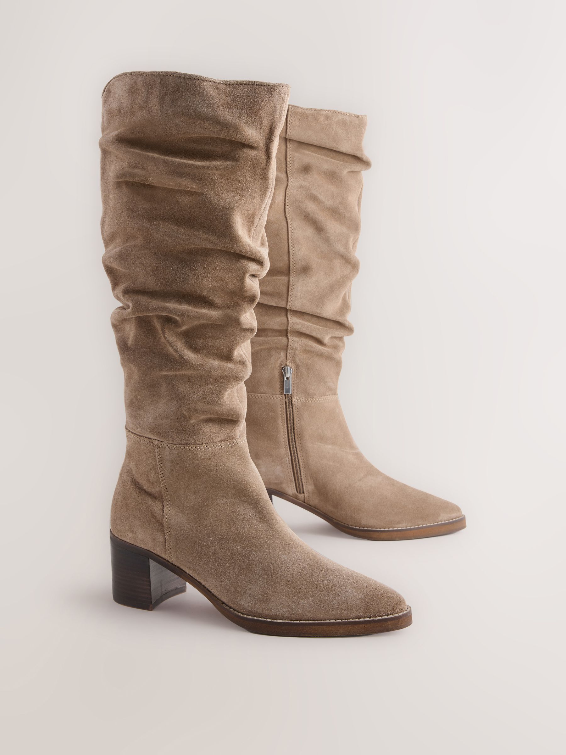 Taupe Brown Suede - Forever Comfort® Slouchy Knee High Block Heeled Boots