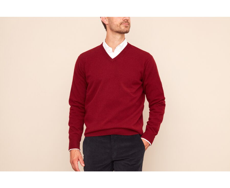 Pull col V homme laine Rouge sombre - ELIAN