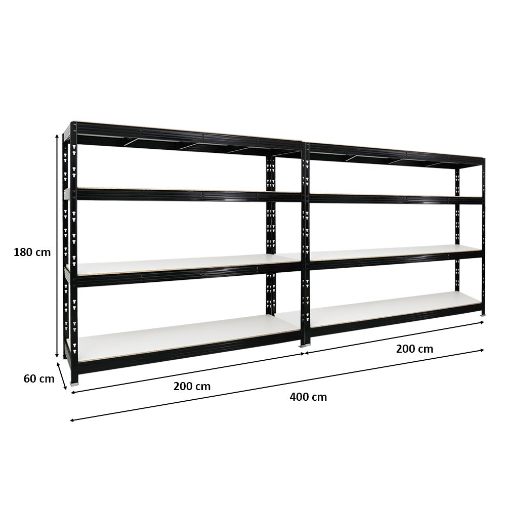 PROREGAL Mega Deal 2x Professionele Heavy-Duty Stellingkast Rhino HxBxD 180 x 200 x 60 cm 4 Melamine Planken 16 mm Plankbelasting 500 kg Zwart