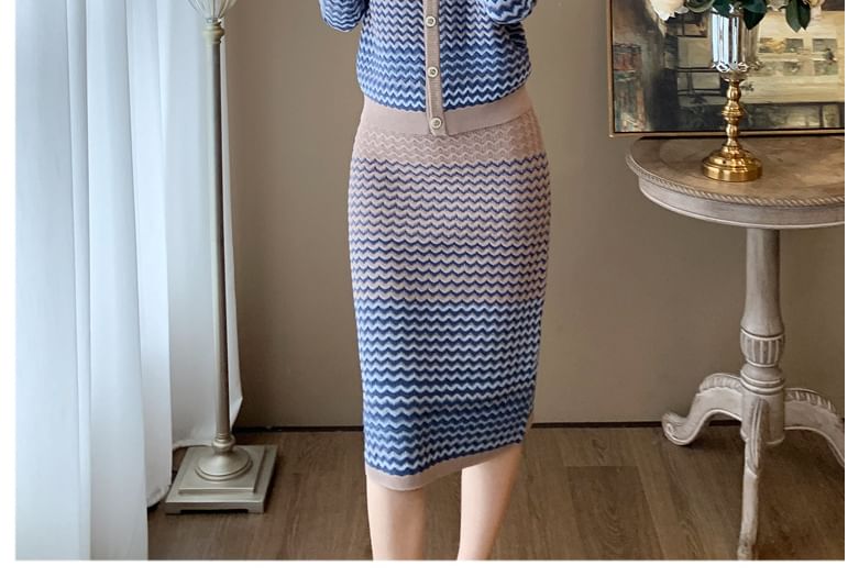 EFO - Set: ronde hals chevronpatroon vest + hoge taille kokerrok