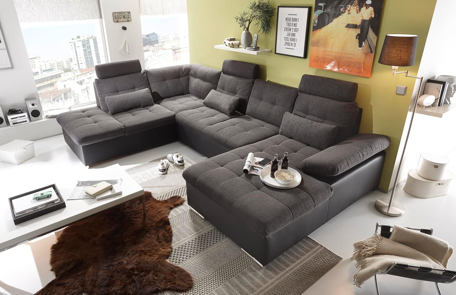 JAKARTA Wohnlandschaft in U-Form in Lederoptik, Dunkelgrau / Anthrazit - Ausziehbares Sofa mit Schlaffunktion & Bettkasten - 324 x 107 x 170 (218) cm (B/H/T)