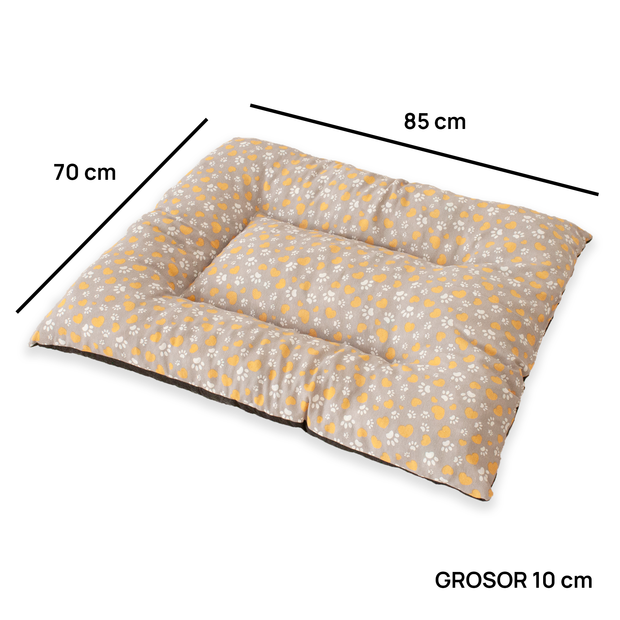 Almofada grande acolchoada para animais de estimação. Cinza com corações amarelos e pegadas brancas. 85x70x10 cm