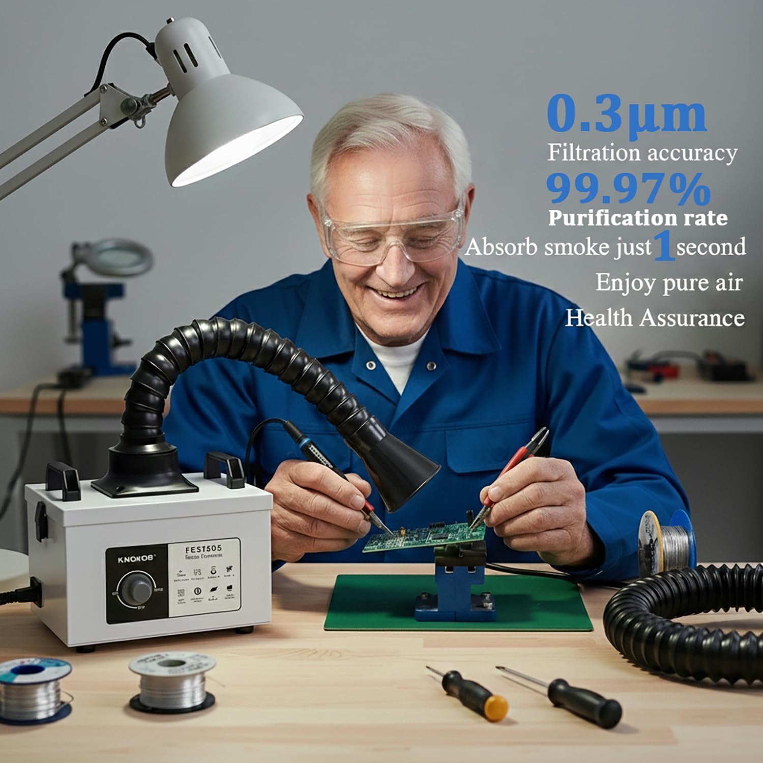 FES150S Lötzauchabsaugung, 200 m³/h, 100 W, starke Saugkraft, geräuscharm, 3-stufige Filtration, 99,97 % Reinigung, für 5 W, 10 W Lasergravierer und Tischlöten, Rauchabsorption (US-Stecker 110 V)