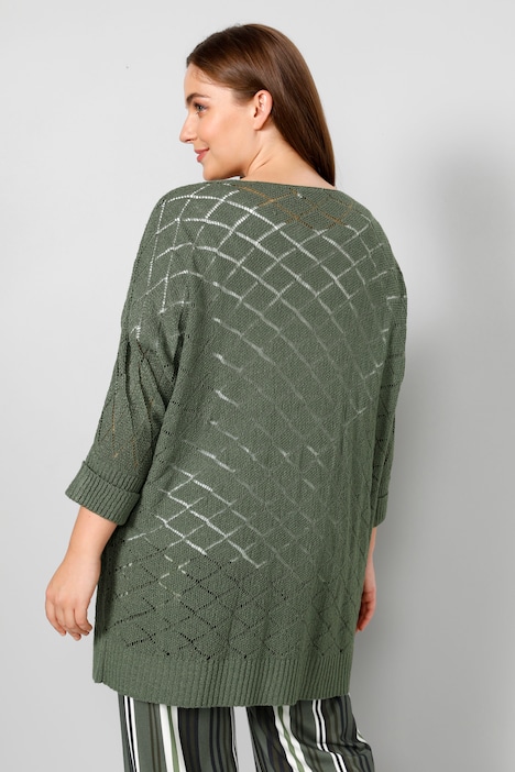 Strickjacke, oversized, Ajourstrick, offene Form, 3/4-Ärmel