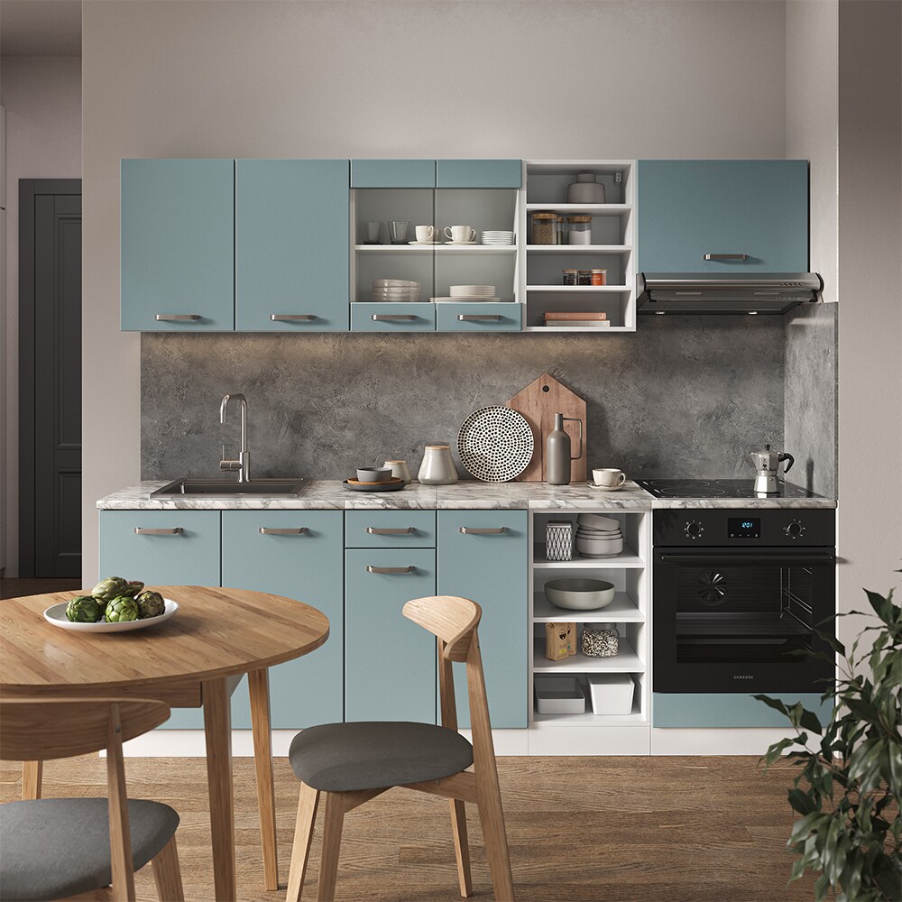 Vicco Küchenzeile R-Line Solid Weiß Blau Grau 240 cm modern Küchenschränke Küchenmöbel