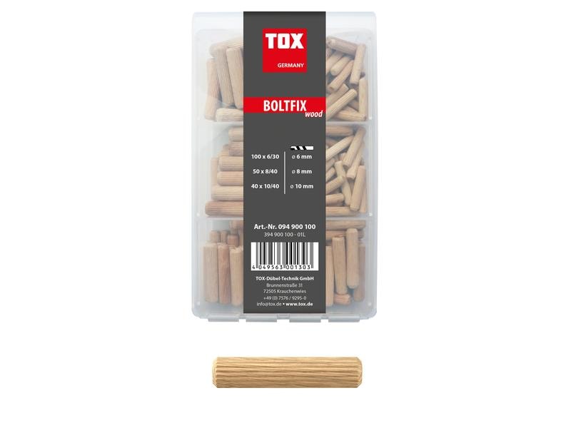 Tox-Dübel Dübel Boltfix Sortiment, 190 Stück Holzdübel. Riffeldübel aus massiver Buche