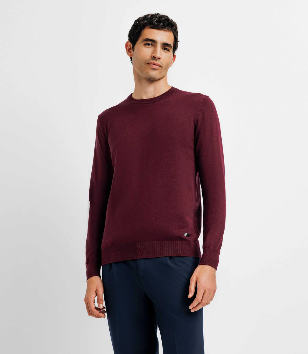 Pull col rond double fil bordeaux