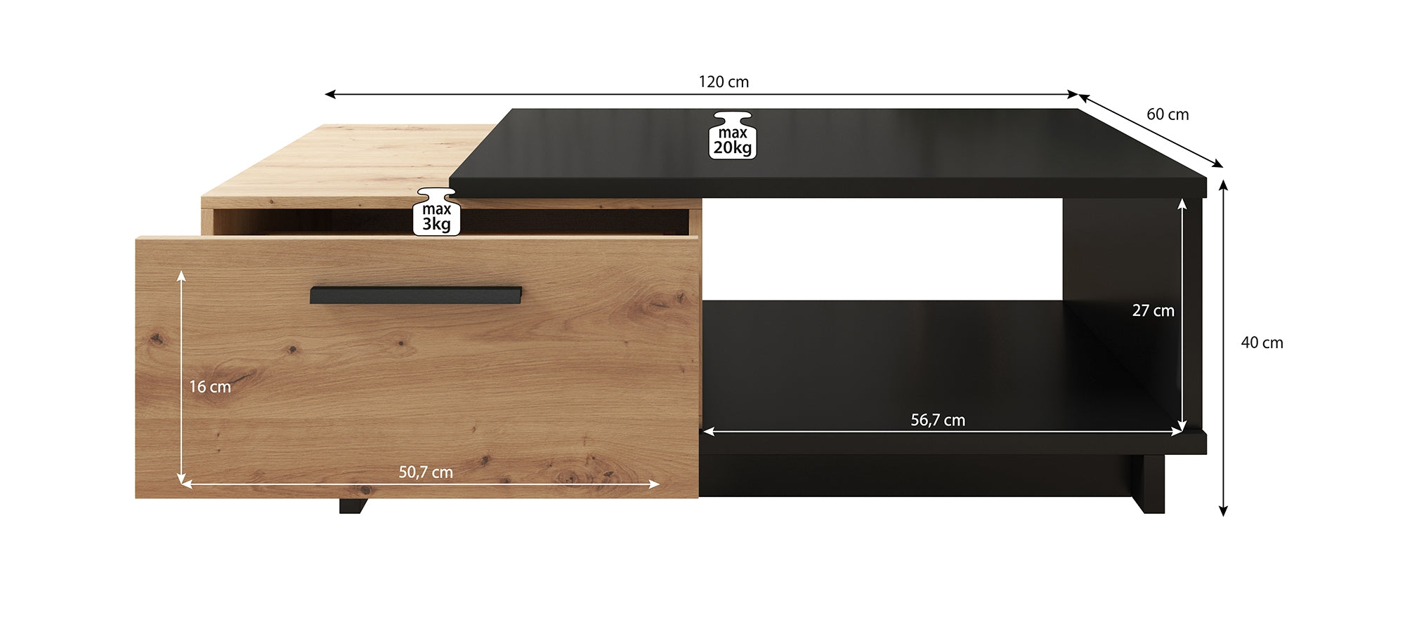 Incala - Salontafel 2 lades - Eiken/zwart - 120x60x40 cm