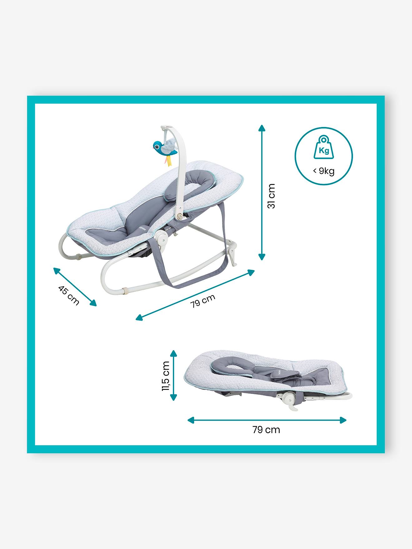 Cadeira de balanço BABYMOOV Graphik com arco de atividades. Estampa azul clara.