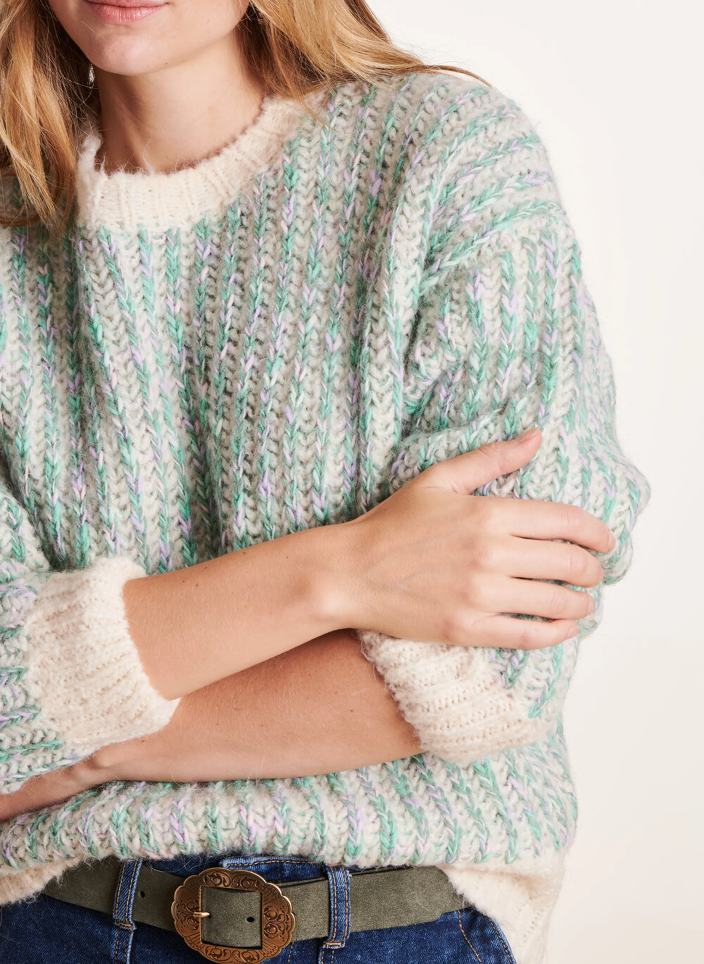 Pull ample col rond en maille mélangée | Violet