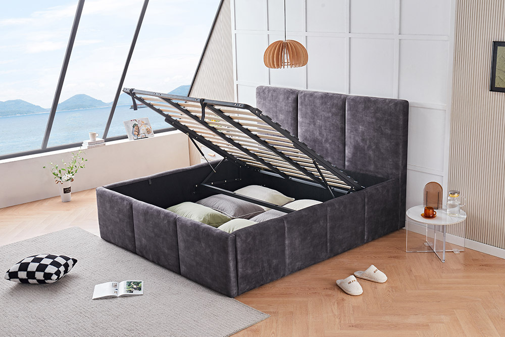 Modernes Boxbett ATELIER 180x200cm grau Samt mit Lattenrost und Stauraum
