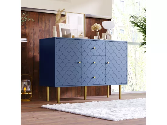 Commode avec 2 portes et 3 tiroirs, Etagère réglable, Bois massif + panneaux de Particules, Bleu marine - H82/L120/P40 cm