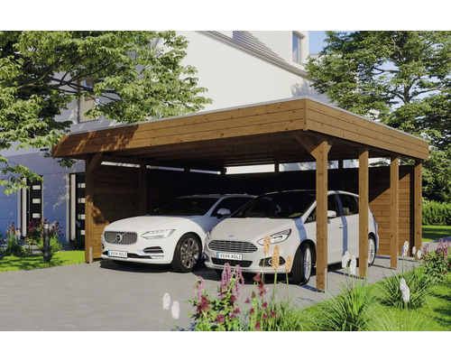 SKAN HOLZ Friesland dubbele carport inclusief zij- en achterwand, 557x555 cm, notenhout