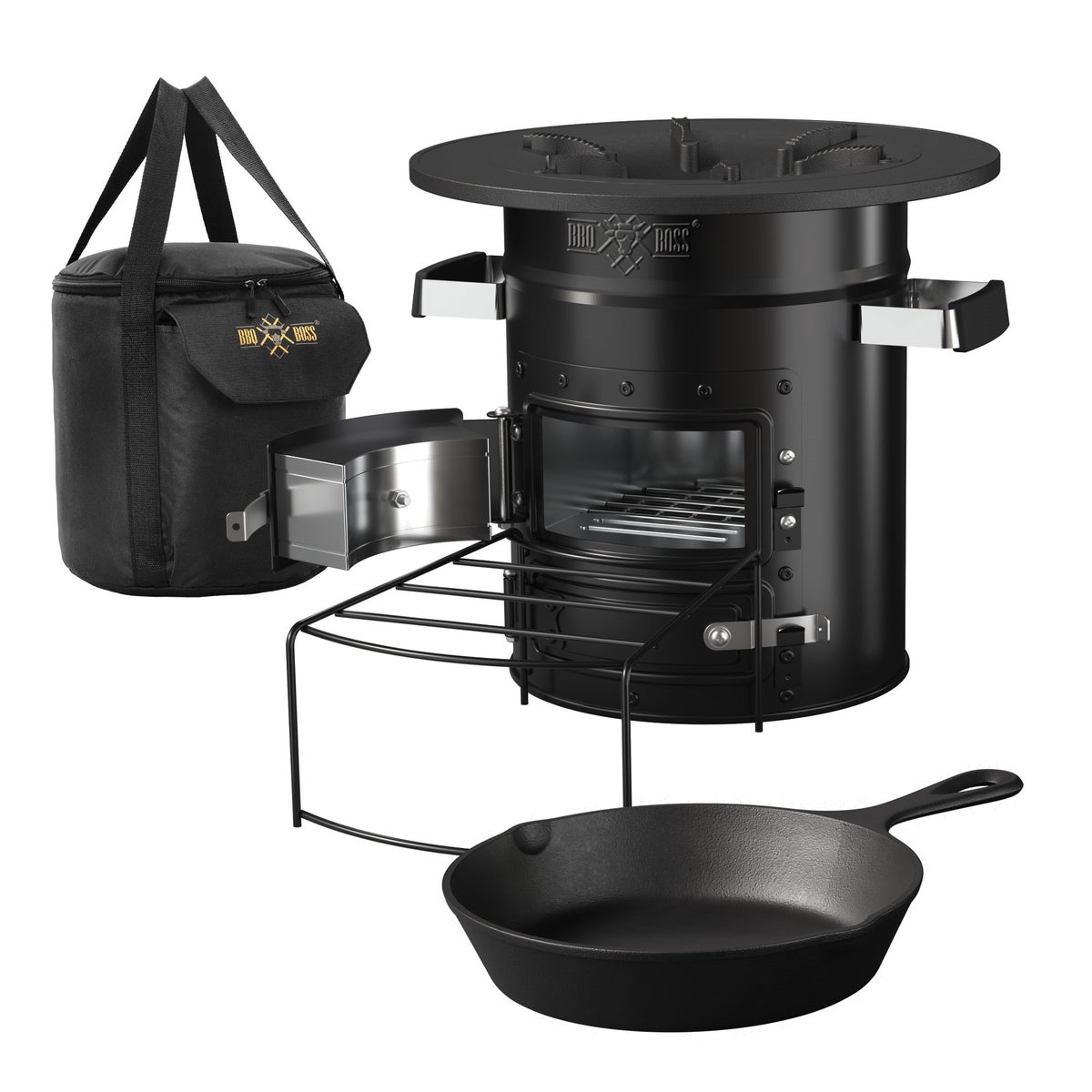 BBQ#BOSS Rocket Stove met grillpan en draagtas, zwart, kampeerkachel met brandhoutstandaard, dubbele deur, kampeerbarbecue houtkachel om te koken, buitenkeuken, Rocket Stove voor Dutch Oven en kampeergrill