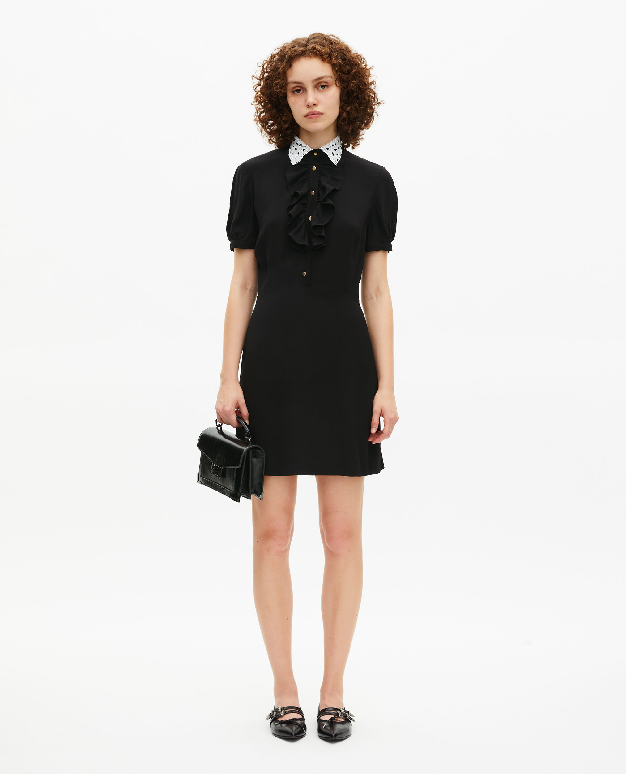 Robe à col brodé contrasté courte noire