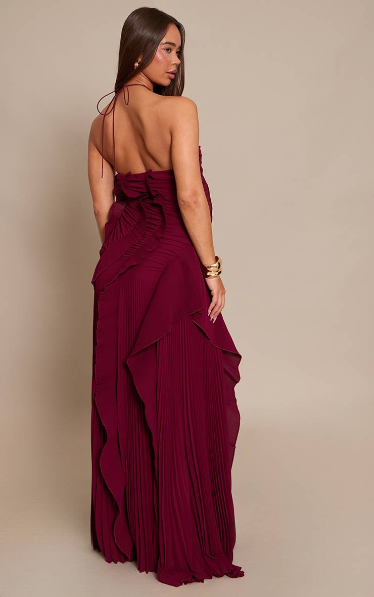 Rouge Bordeaux Robe Longue Plissée À Volants Et Col Licou