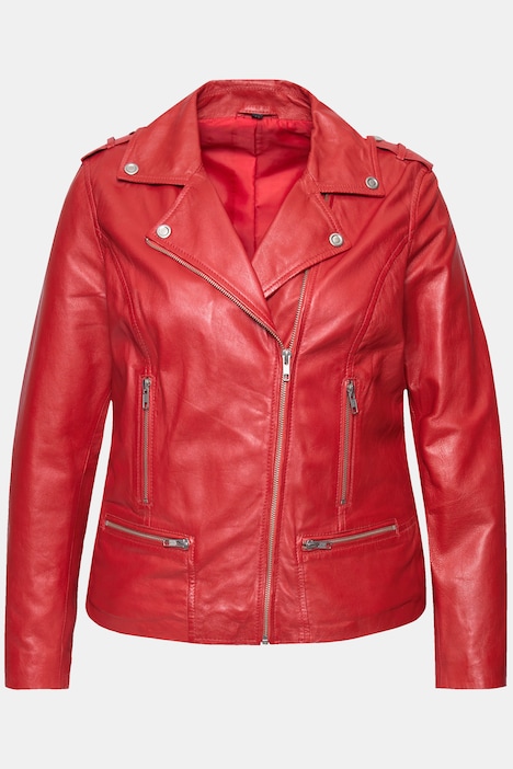 Leder-Bikerjacke, Kragen mit Druckknöpfen, Metallzipper