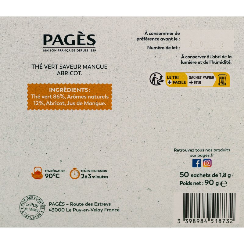 Thé vert mangue abricot Pagès – Boîte de 50 sachets