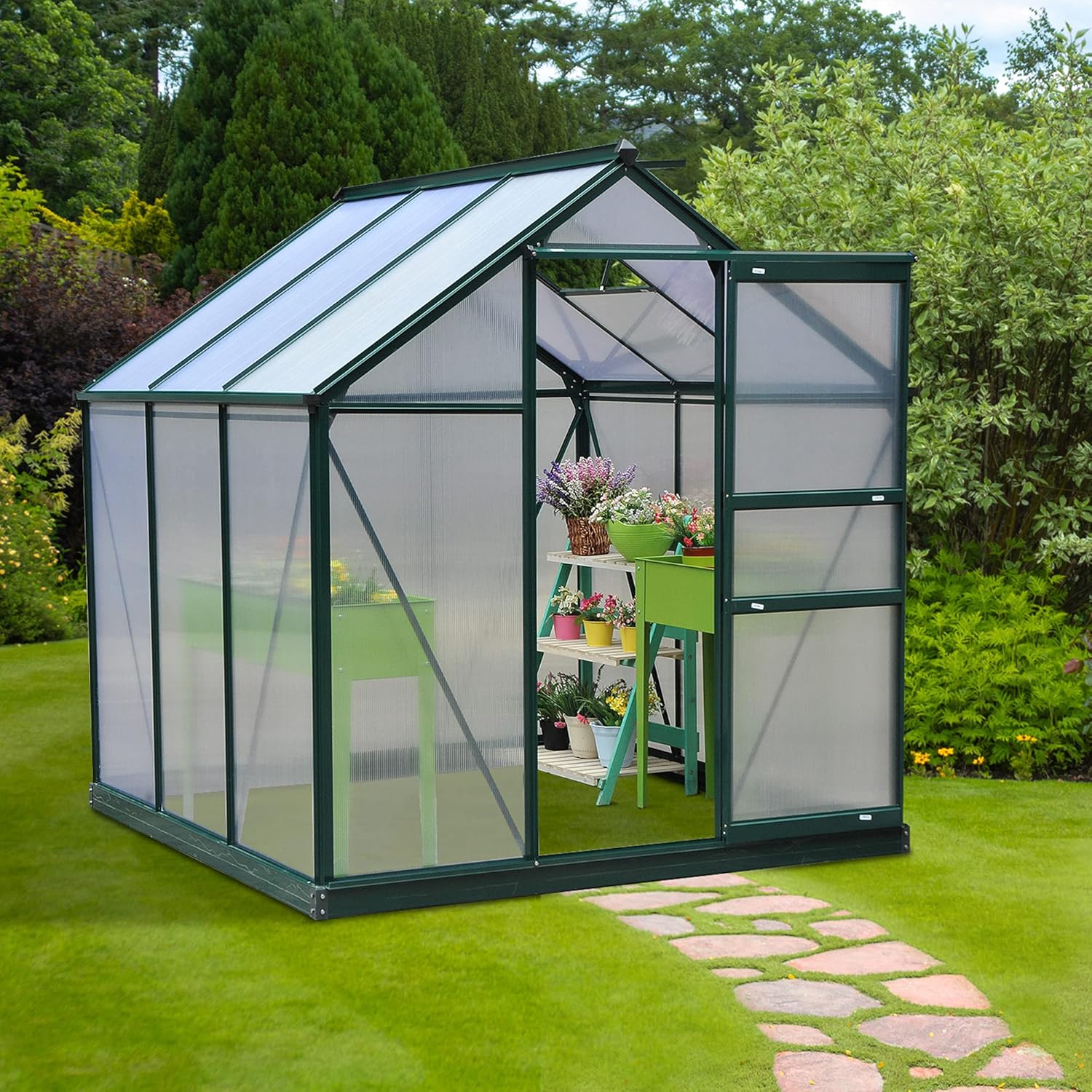 Outsunny Gewächshaus Aluminium Treibhaus mit Dachfenster Tür 190 x 192 x 201 cm Pflanzenhaus mit Fundament begehbares Tomatenhaus Witterungsbeständig Polycarbonat Grün+Transparent