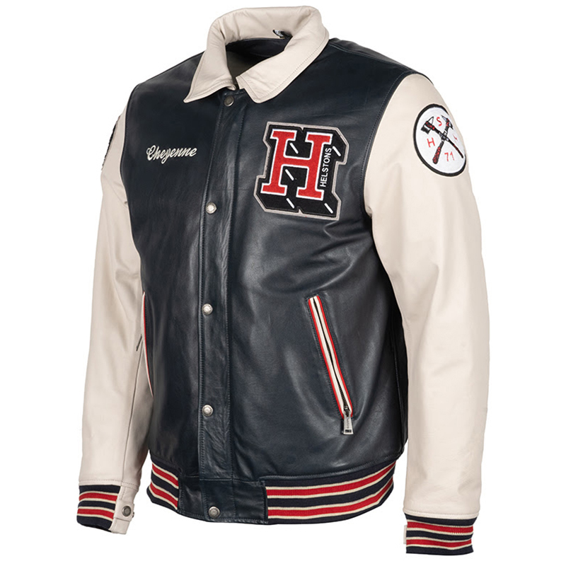 Helstons - Blouson Cheyenne Cuir Rag Bleu / Beige