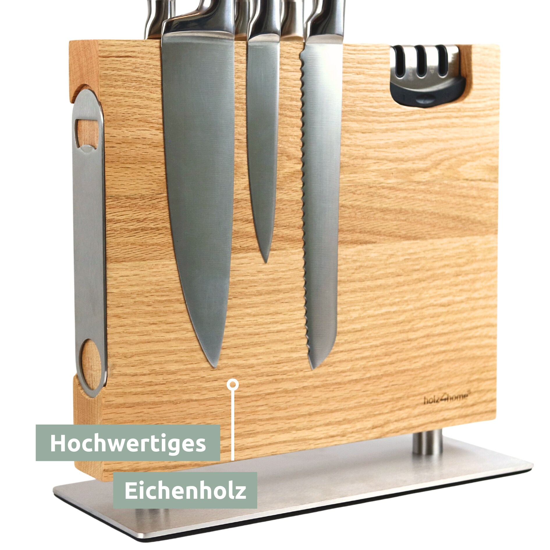 holz4home® Magnetischer Messerblock aus Eichenholz - inkl. Flaschenöffner & Messerschärfer