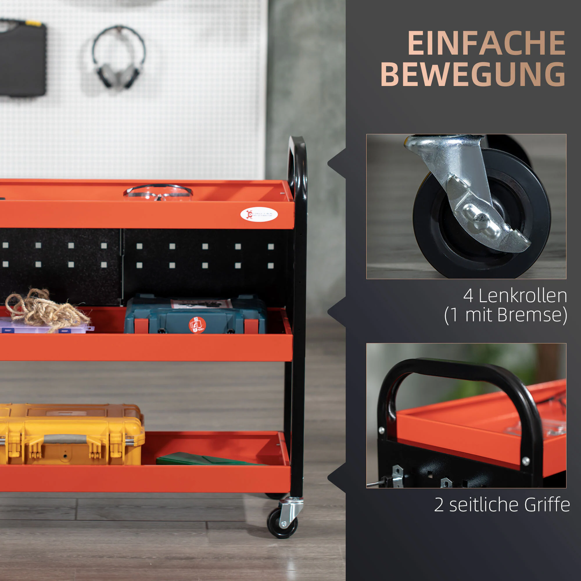 DURHAND Werkstatt-Rollwagen mit 3 Regalen rot 75L x 35B x 80H cm