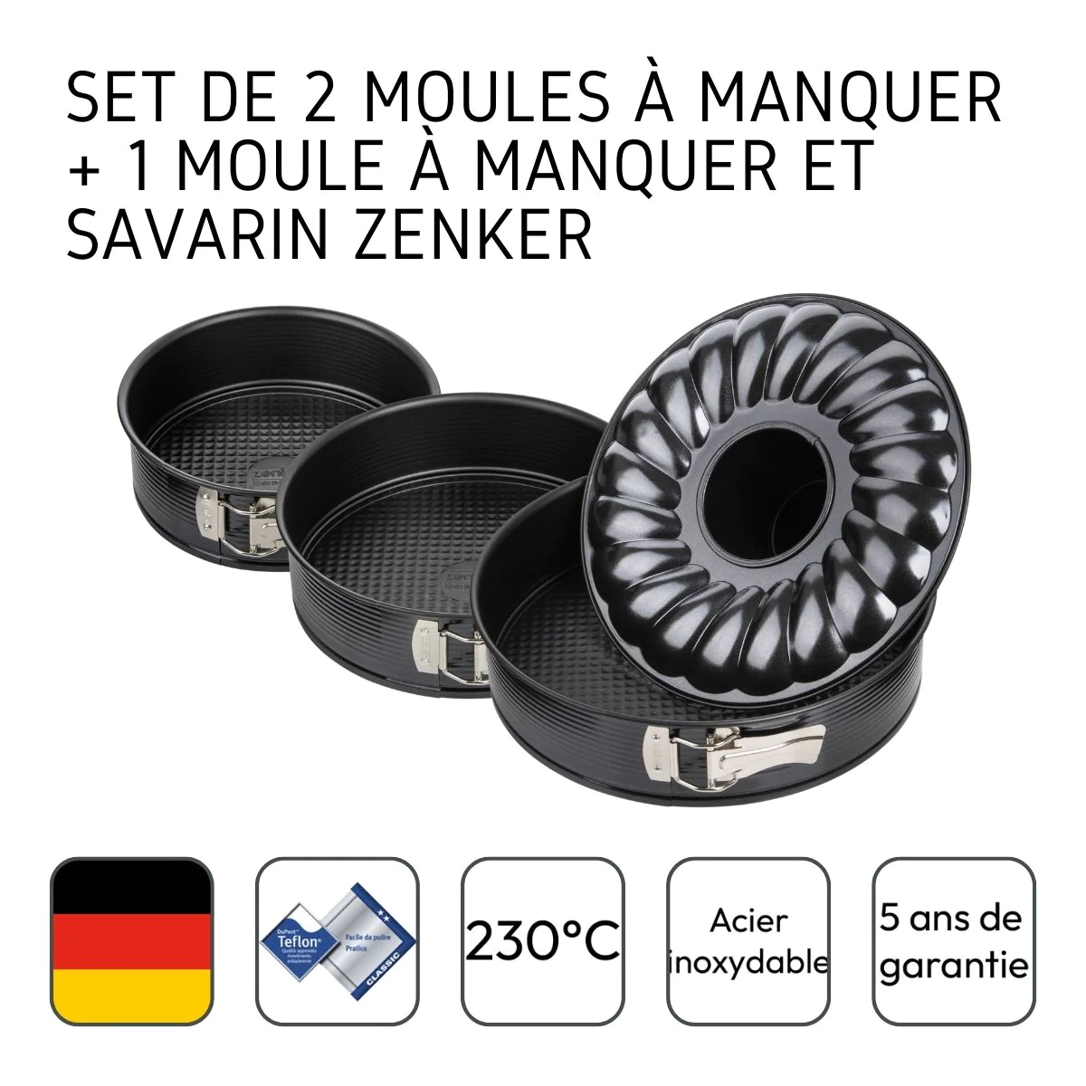Set de 2 moules à manqué et 1 moule à manqué et savarin diamètres diff