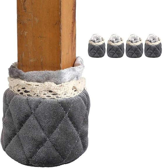 (4er Set) Ø6cm Stoff Stuhlbein Stulpen Schutz Tisch / Stuhl / Boden Schoner mit Spitzen Bordüre - Grau