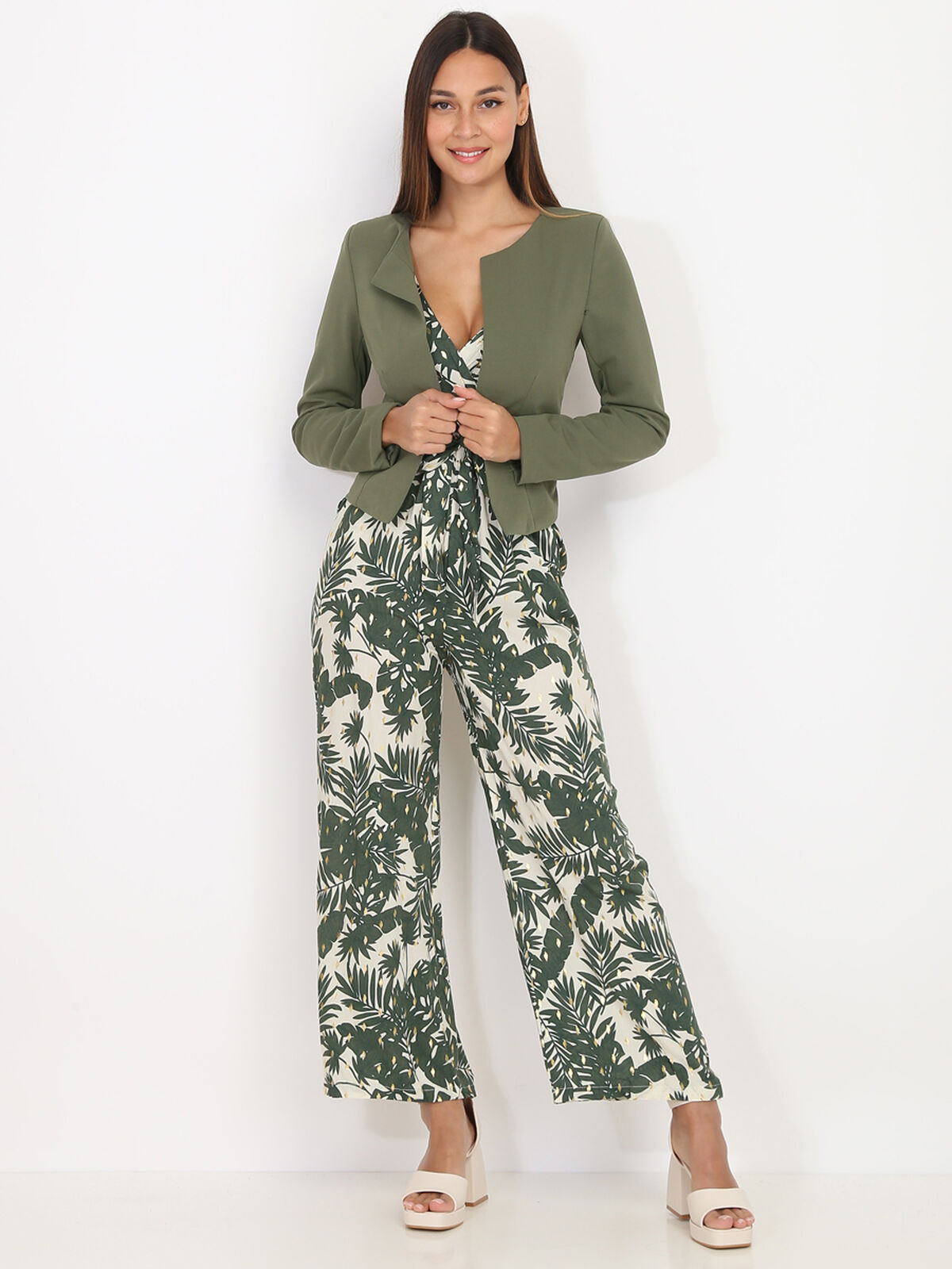 Veste courte sans col- Vert olive
