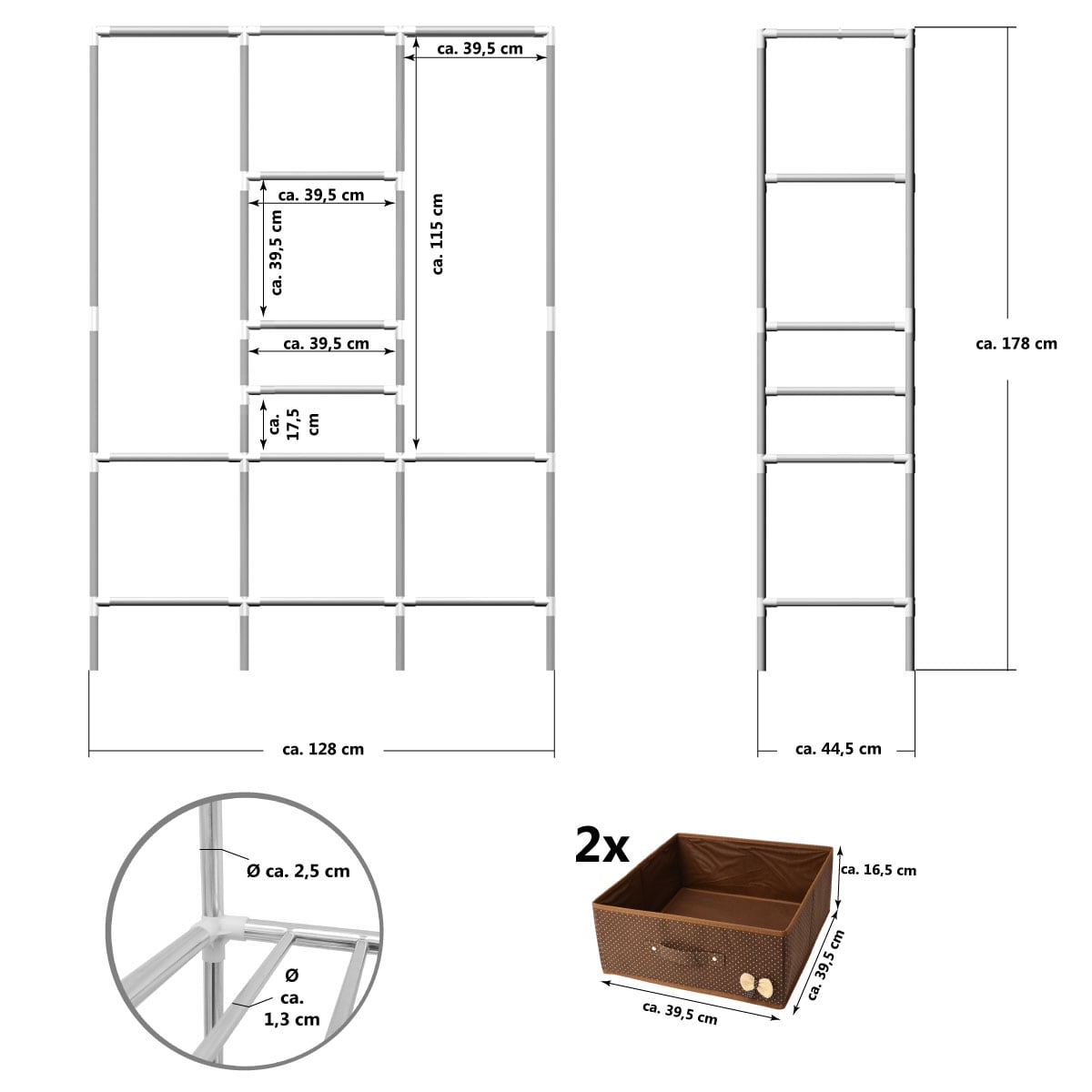 XL Kleiderschrank Metall Regal System 2 Schubladen 178x128x44,5cm Faltschrank