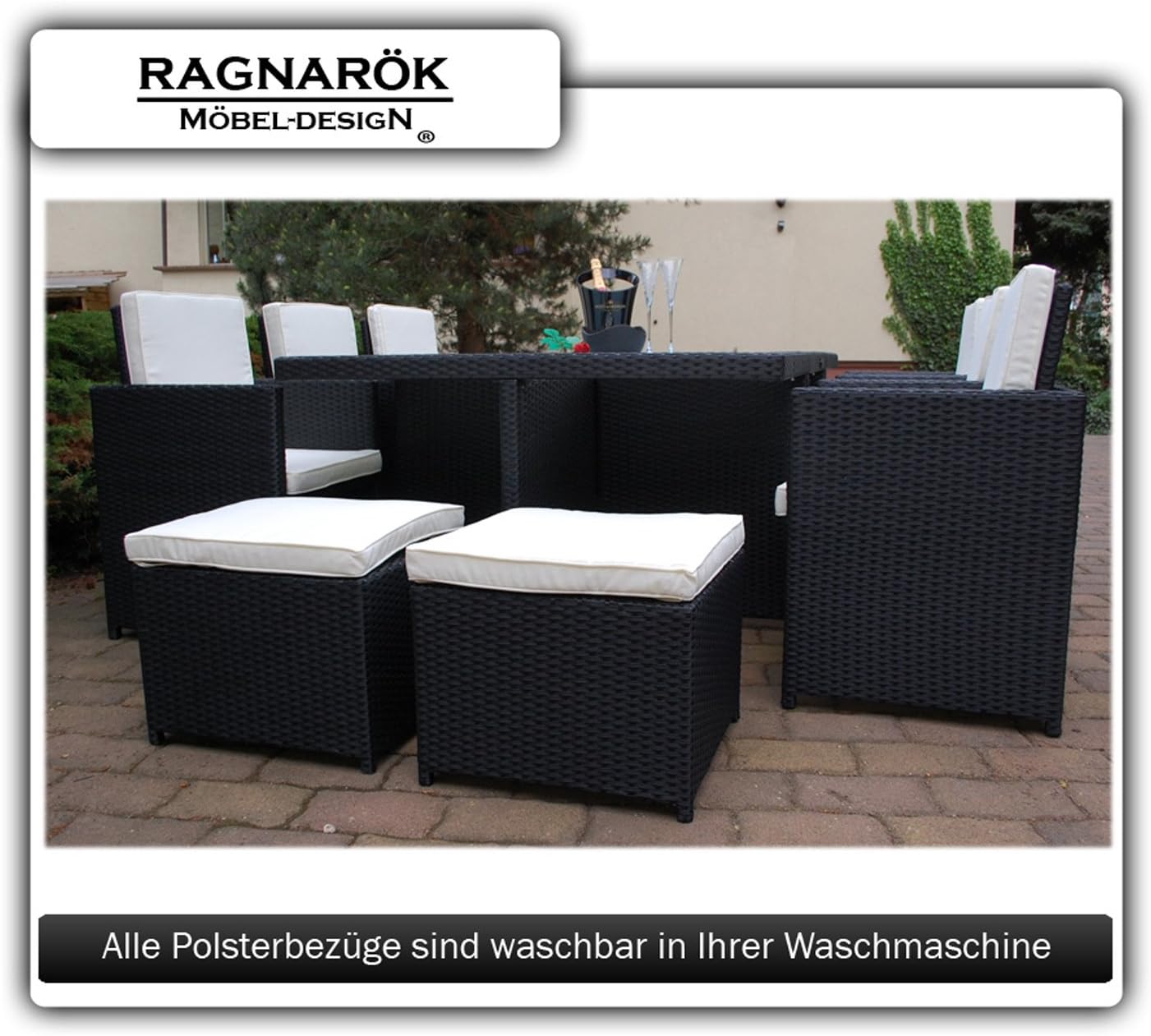 Ragnarök-Möbeldesign Polyrattan Gartenmöbel Set für 10 Personen – XXL Esstisch 190x125 cm mit ESG-Glasplatte – 6 Sessel & 4 Hocker inkl. Polster – Aluminiumrahmen – vormontiert