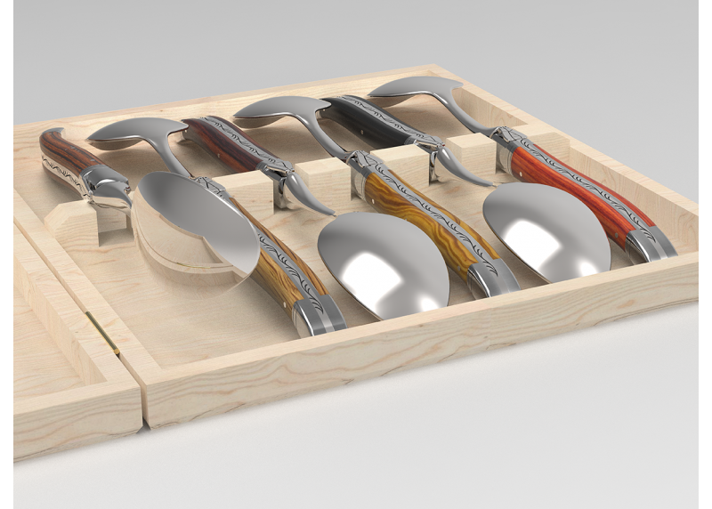 Service de 6 grandes cuillères Laguiole avec un manche en 6 bois différents et mitres inox