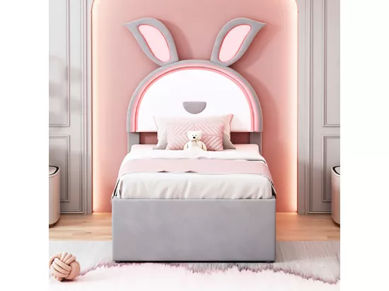 Lit gigogne enfant 90 x 200 cm velours canapé-lit avec lit gigogne tiroir de rangement et lumière LED gris