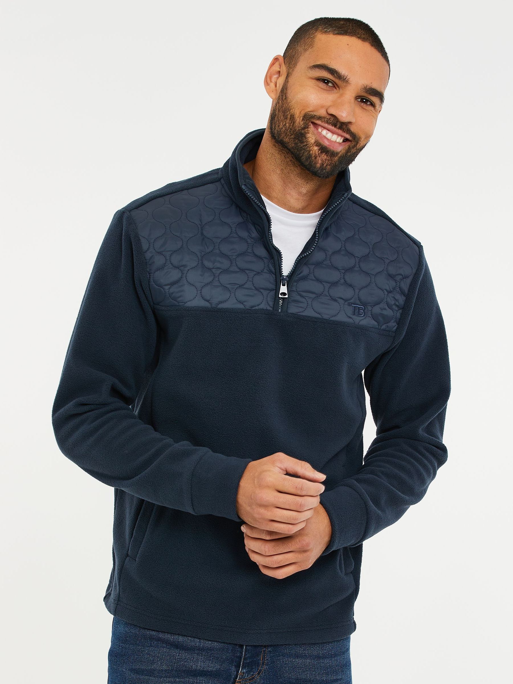 Donkerblauw - Threadbare doorgestikt fleece sweatshirt met kwartrits