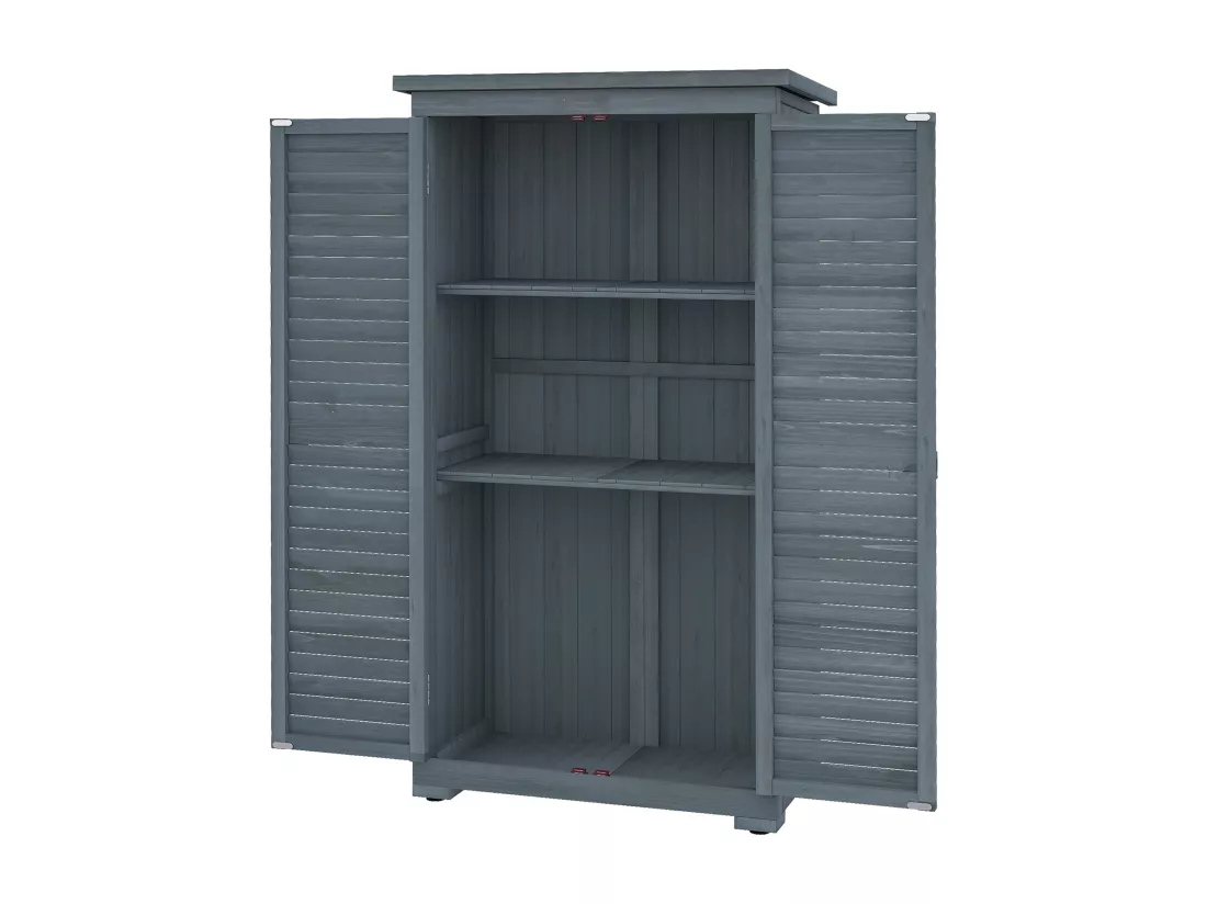 Armoire de jardin abri jardin remise pour outils sur pied 2 étagères portes persiennes toit bitumé étanche bois sapin pré-huilé gris