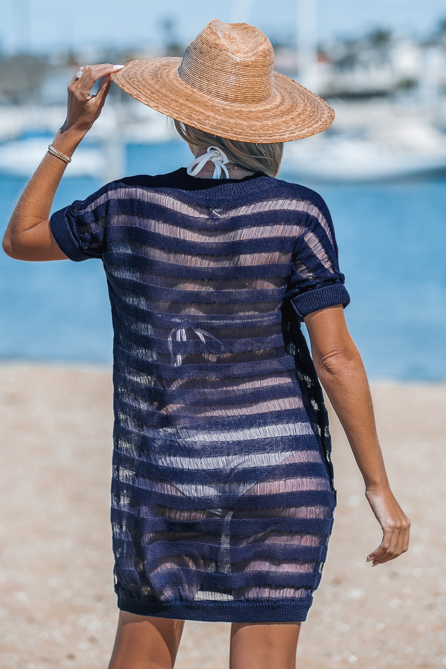 Robe cover up à manches courtes effilochée bleu marine