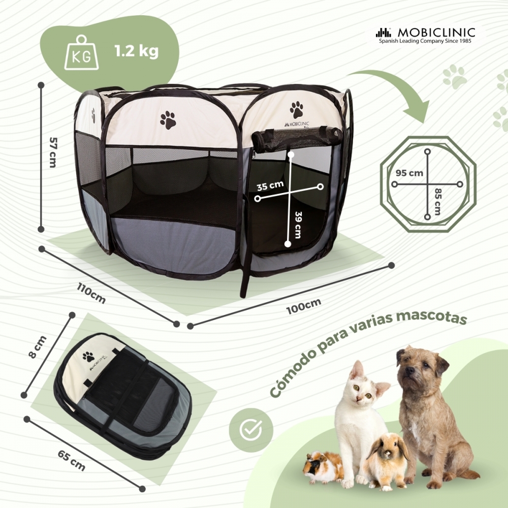 Cercado dobrável para cães, gatos e roedores | 8 janelas | 2 portas | Seguro | Cordão elástico | Cinza | Scooby | Mobiclinic