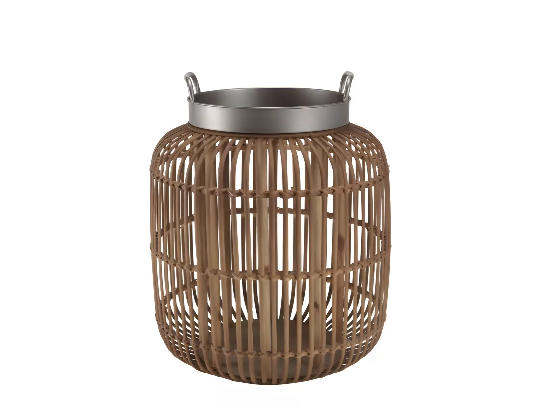 VICTOIRE - Table d'appoint cylindrique avec poignées 51x51cm plateau en métal noir piètement en rotin marron