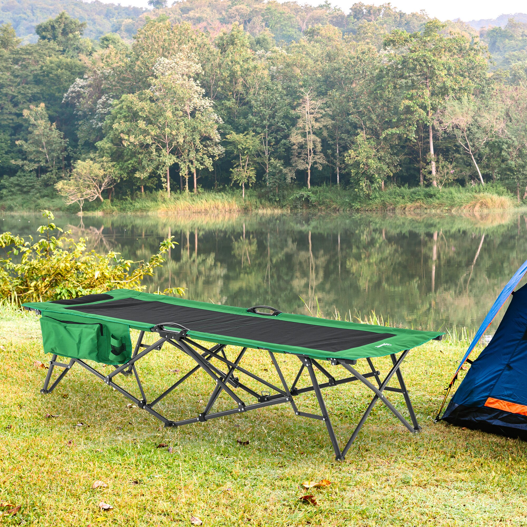 Outsunny Campingbett mit seitlicher Tasche grün, schwarz 200 x 73 x49 cm (LxBxH)