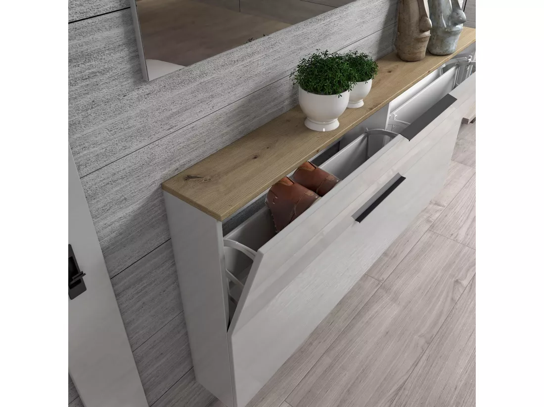 Meuble à chaussures Tubatse, Meuble à chaussures, Armoire d'entrée polyvalente, Rangement pour chaussures, Made in Italy, 160x19h80 cm, Blanc brillant et chêne